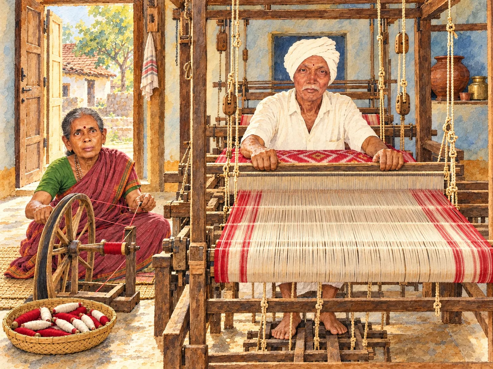 Illustration of Seetha Muthyalu weaving an ikat saree at a wooden handloom while Seetha Laxminarsamma winds yarn on a charkha beside him